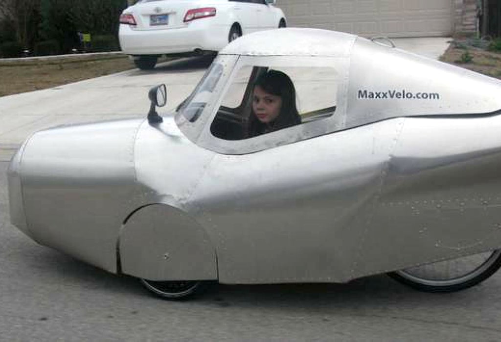 This velomobile is made from tubing, covered with riveted body panels